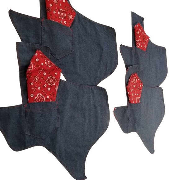 Set of 4 Texas Shaped Placemats Red Bandana Napkins Soft Denim Handcrafted - Picture 6 of 12